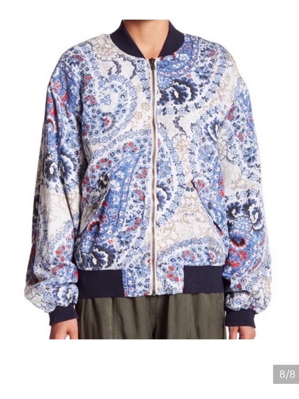 Free People Blue Paisley Bomber Jacket with Navy Trim - Picture 6 of 7